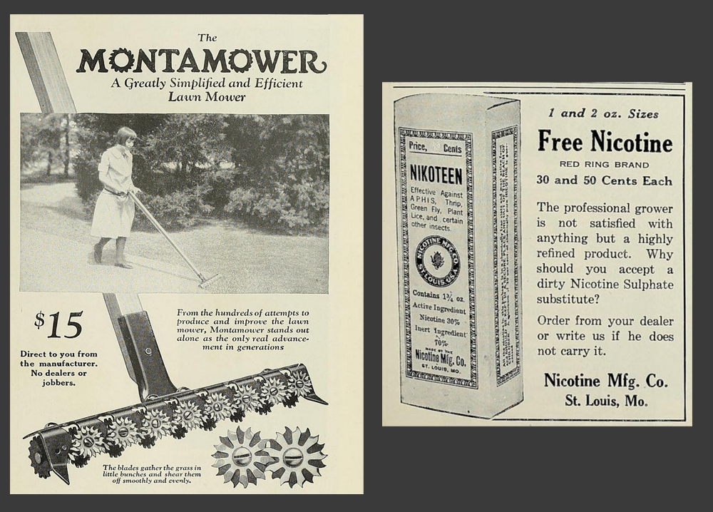 Old gardening ads: Montamower, and nicotine