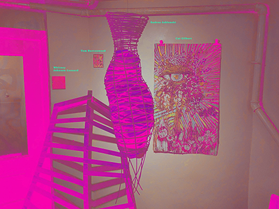 exhibition view, with magenta treatment